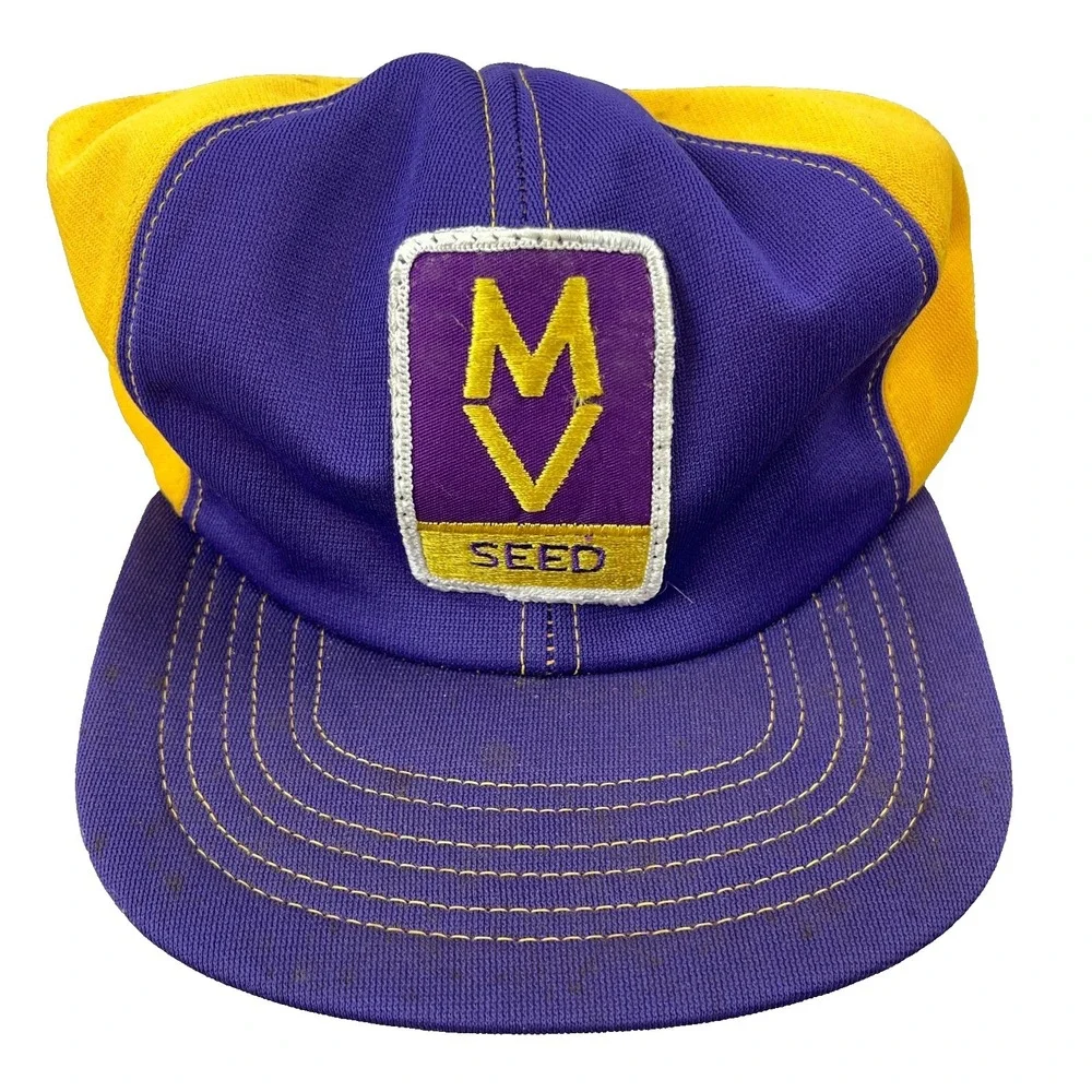 Vintage MV Seeds Trucker Hat Cap Made‎ USA 80s Farm Purple Yellow Patch Snapback